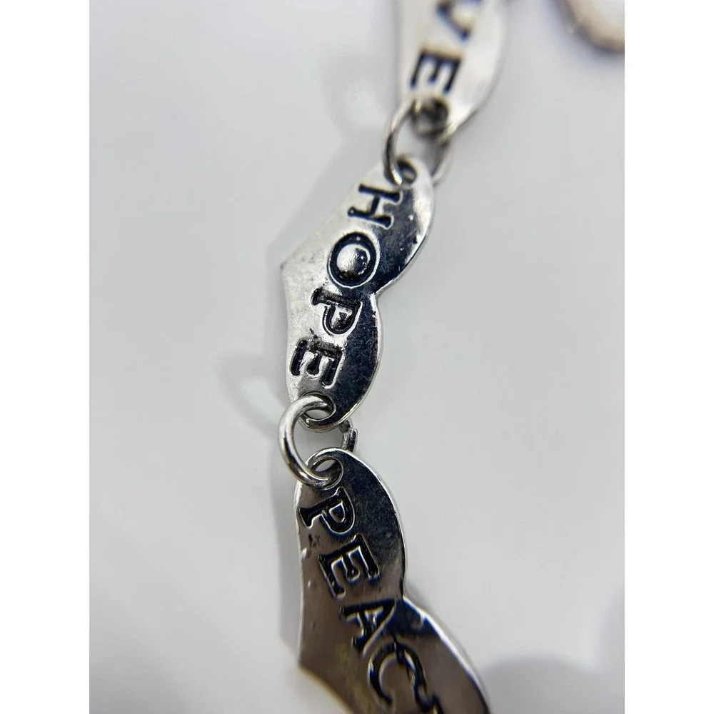 Bracelet Silver Tone Heart Charm PEACE JOY LAUGH DREAM Jewelry Lobster Clasp